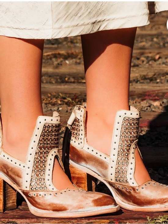 freebird Shoes - freebird Cream Studded Cutout Block Heel Ankle Boots